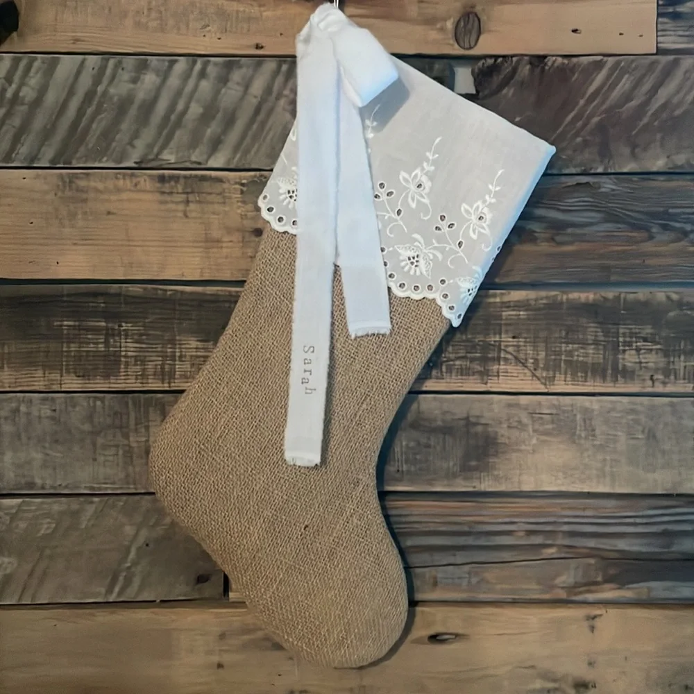 Tan burlap custom Christmas stocking white eyelet cuff personalized for …